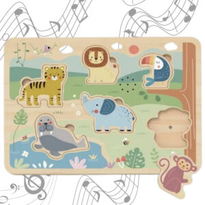 TOOKY TOY Drewniana Układanka Montessori Interaktywne Puzzle Dźwiękowe Dzikie Zwierzęta Safari