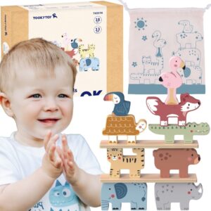TOOKY TOY Drewniane Klocki Układanka Wieża Stacker Stosy Zwierzątka Montessori 13 el.