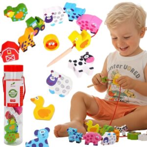 WOOPIE GREEN Drewniane Klocki do Nawlekania Zwierzęta Farma 13 el.