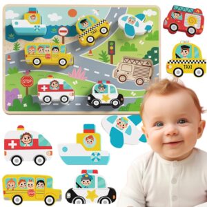 TOOKY TOY Drewniane Puzzle Montessori Pojazdy Samochody Samolot Statek Miasto Dopasuj Kształty