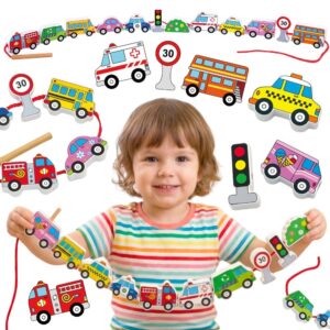 VIGA Drewniane Klocki Drewniane Przeplatanka Sznurowanka Samochody